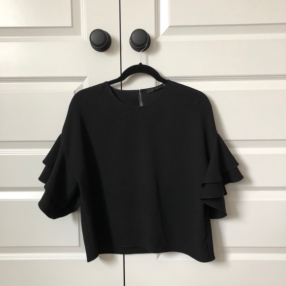 Zara | Tops | Zara Black Ruffle Sleeve Blouse Xs | Poshmark